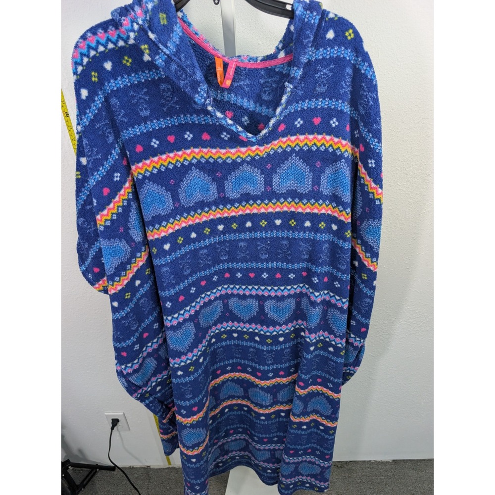 Jenni by Jennifer Moore Blue Fair Isle Heart Skull Fleece Hooded Lounger OS